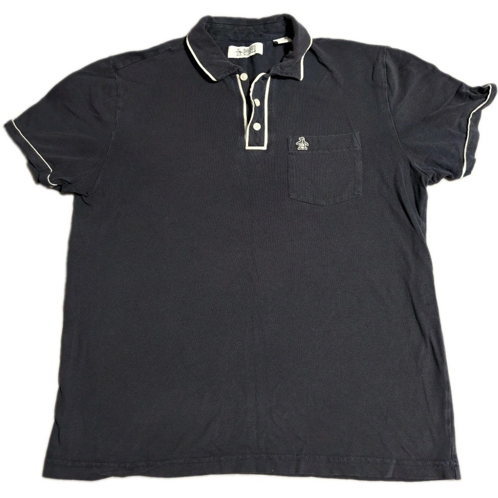 Original Penguin Mens Polo Shirt L Navy Blue Tipped Pocket Short Sleeve Cotton